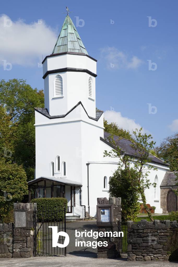 White church building with steeple; Sneem, County Kerry, Ireland (photo)