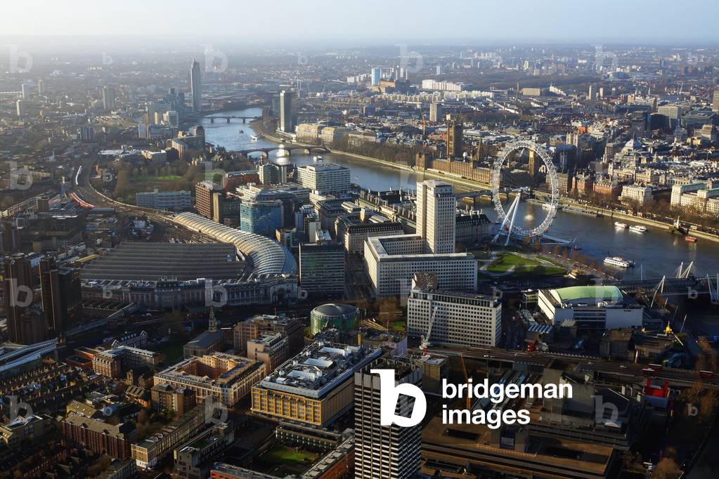 UK, Aerial view of central London towards London Eye and Houses of Parliament, England, UK  (photo)