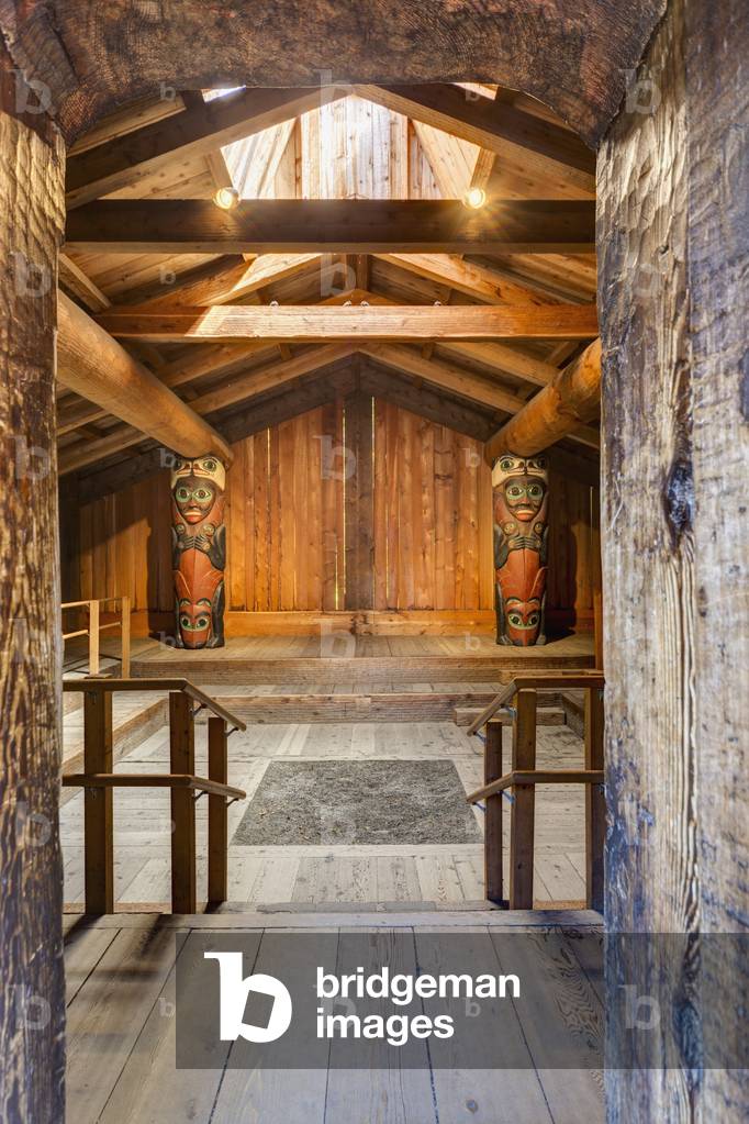 Interior view of a long house, Totem Blight Historical Park, Ketchikan, Southeast Alaska, USA, Winter, HDR (photo)