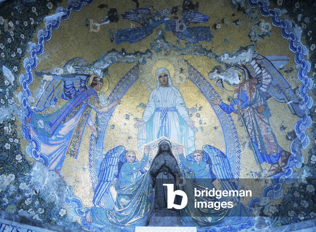 Statue of St. Bernadette with Mosaic of The Virgin Mary  and Angels (photo)