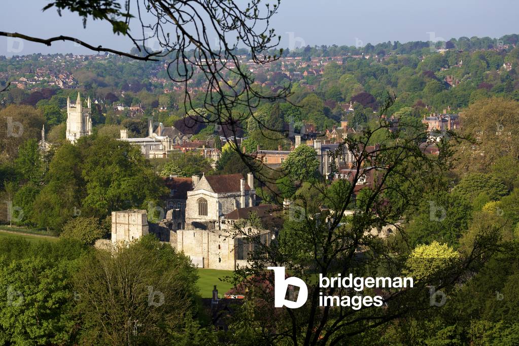 View of Winchester College and the ruins of Wolvesey Castle from St. Gile's Hill, Winchester, Hampshire, England, UK  (photo)
