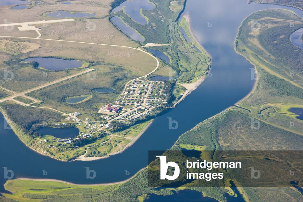 Aerial view of the village of Noorvik and the surrounding wetlands and lakes in the Kobuk River Delta, Arctic Alaska, Summer (photo)
