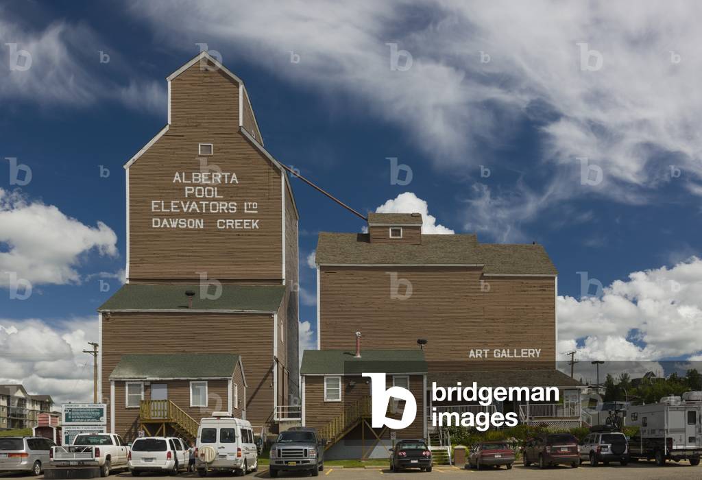 Historic grain elevators in downtown Dawson Creek, British Columbia, Canada, Summer (photo)