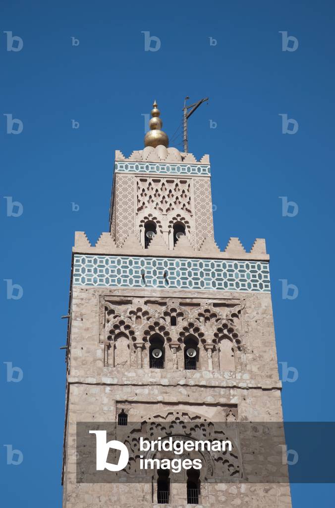 Morocco, Koutoubia Mosque, Marrakech, Islamic place of worship, Top of minaret (photo)