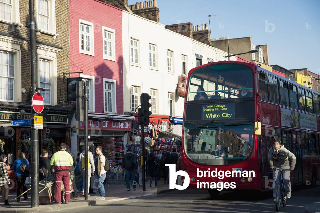UK, England, UK , Camden, London, Bus going through Camden High Street (photo)