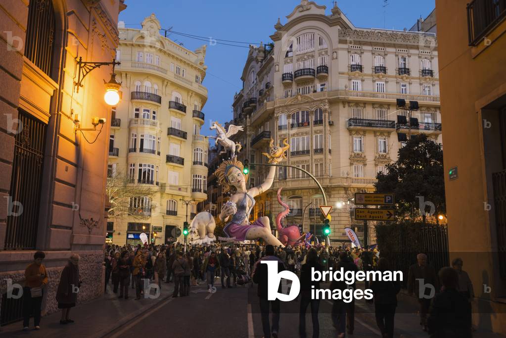 Large Falla at Dusk on Display on Street in Centre, Valencia, Spain (photo)