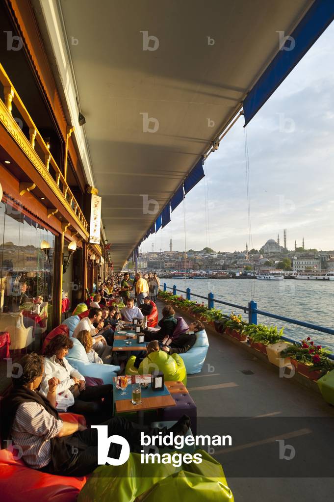 Turkey, Bars  and Along Bottom of Galata Bridge with New Mosque behind, Istanbul (photo)