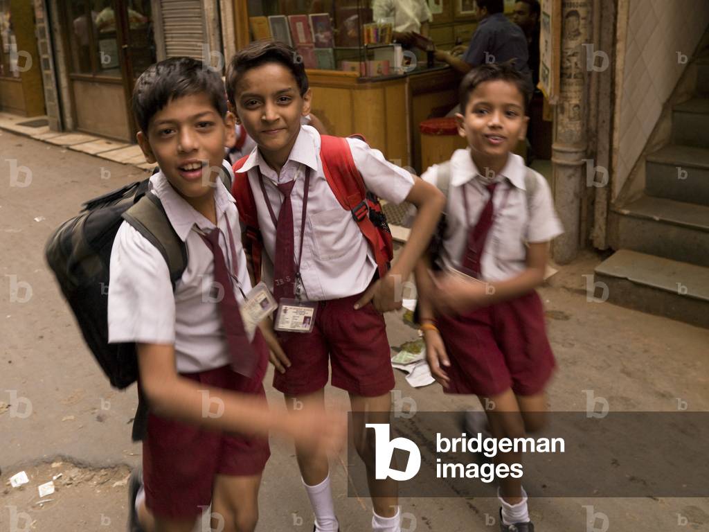 Delhi, India, Schoolboys Running in the Street (photo)