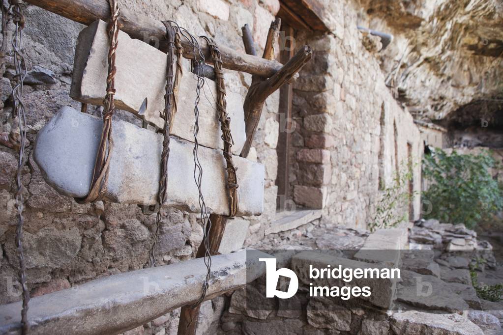 Stone bells, exterior wall and doorway, Nakuta Laab monastery, near Lalibela, Amhara region, Ethiopia (photo)