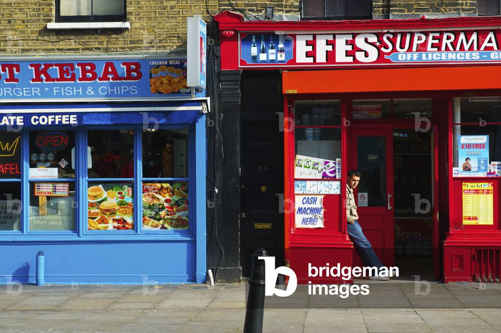 Colourful buildings along a city street, Shoreditch, London, England, UK  (photo)