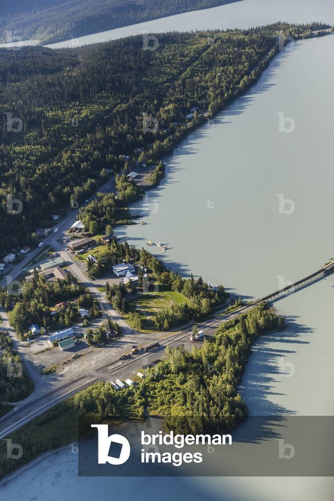 Aerial view of the Trail Lake Alaska Railroad Tressel and Float Plane Base, Moose Pass, Kenai Peninsula, Southcentral Alaska, USA (photo)