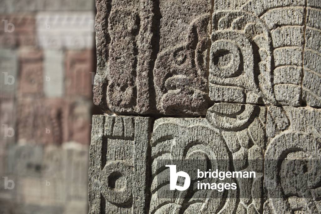 Near Mexico City, Mexico, Teotihuacan Archeological Site, Stone Carving of Bird on Wall of Quetzalpapalotl Palace (photo)