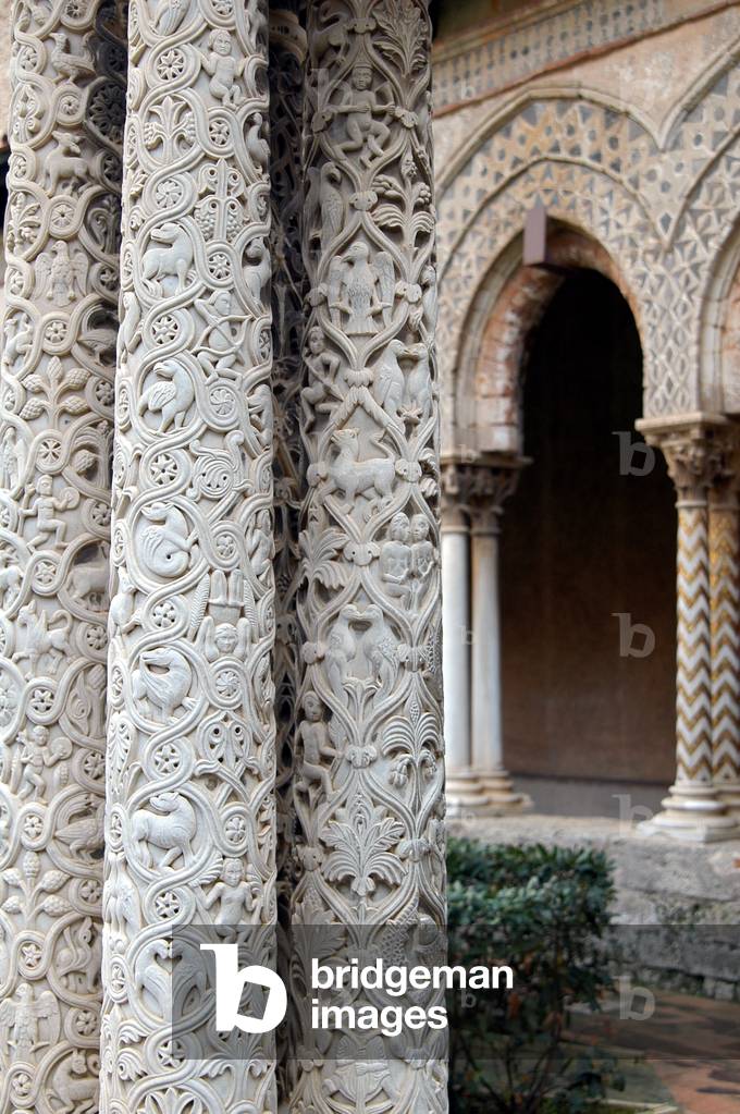 Sicily, Italy: Mosaic Decoration on Pillars of Benedictine Cloister at Monreale, Near Palermo (photo)