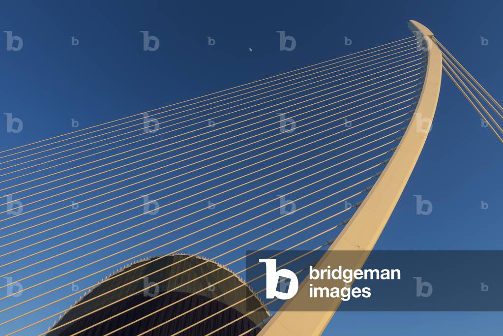 Moon Above El Pont De L'assut De L'or and L'agora in Ciudad De Las Artes Y Las Ciencias (City of Arts and Sciences), Valencia, Spain (photo)