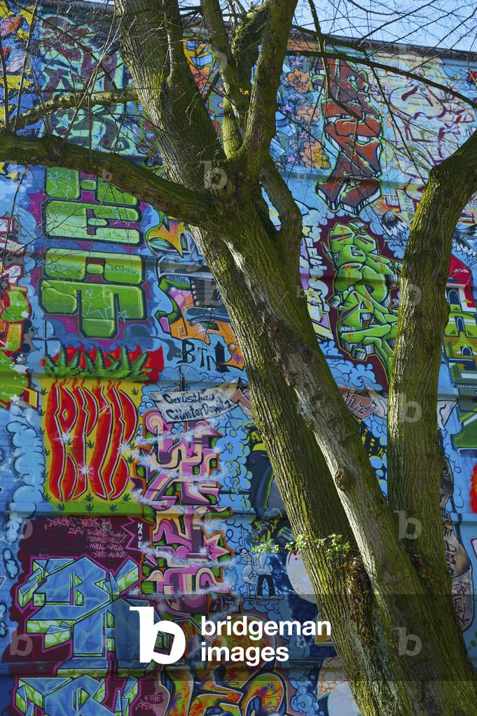 The whole surface of an exterior wall of a building covered in colourful graffiti, Hamburg, Germany (photo)