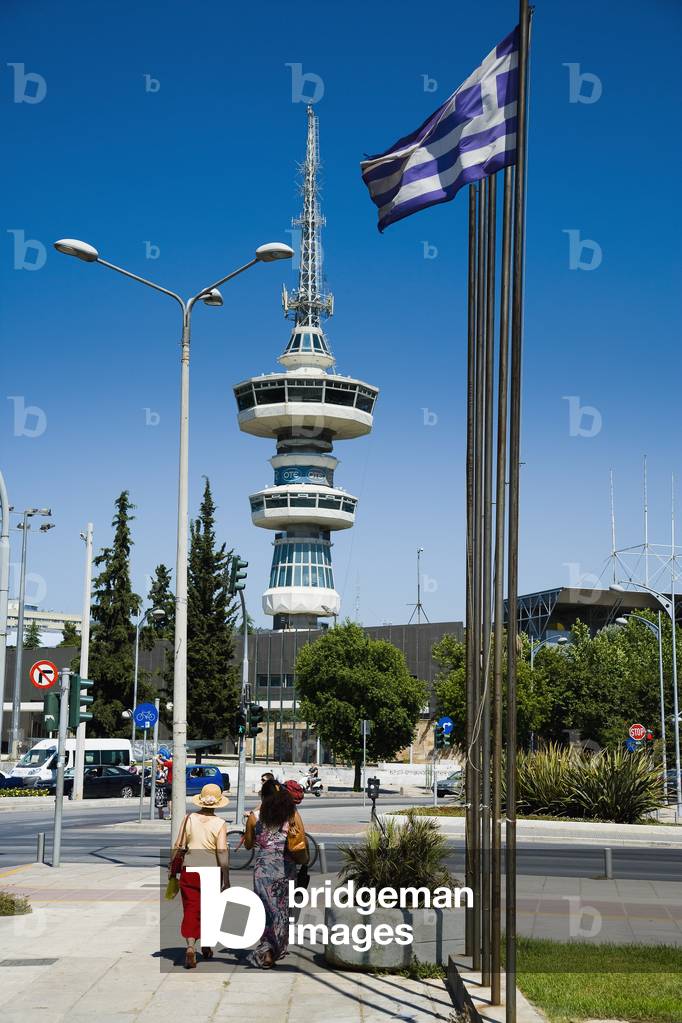 OTE telecom tower and revolving restaurant with the Greek flag on pole, Thessaloniki, Greece (photo)