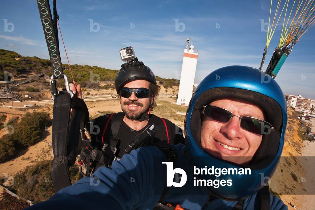 Tandem Paragliders Above Coast in Donana Nature Park, Seville, Andalucia, Spain (photo)