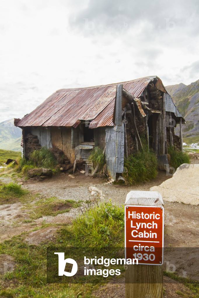 The old historic Lynch Cabin on the trail to Gold Cord Lake in Hatcher Pass, Alaska in Summer, Southcentral Alaska (photo)