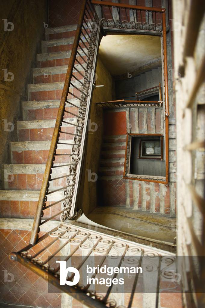 High angle view of a stairwell and railing, Barcelona, Spain (photo)