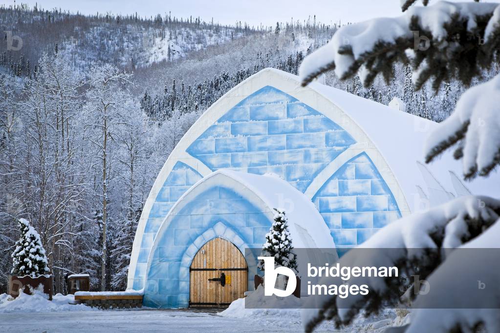 Aurora Ice Museum camoflauged in the snowy landscape, Chena Hot Springs Resort, Fairbanks, Interior Alaska, Winter (photo)