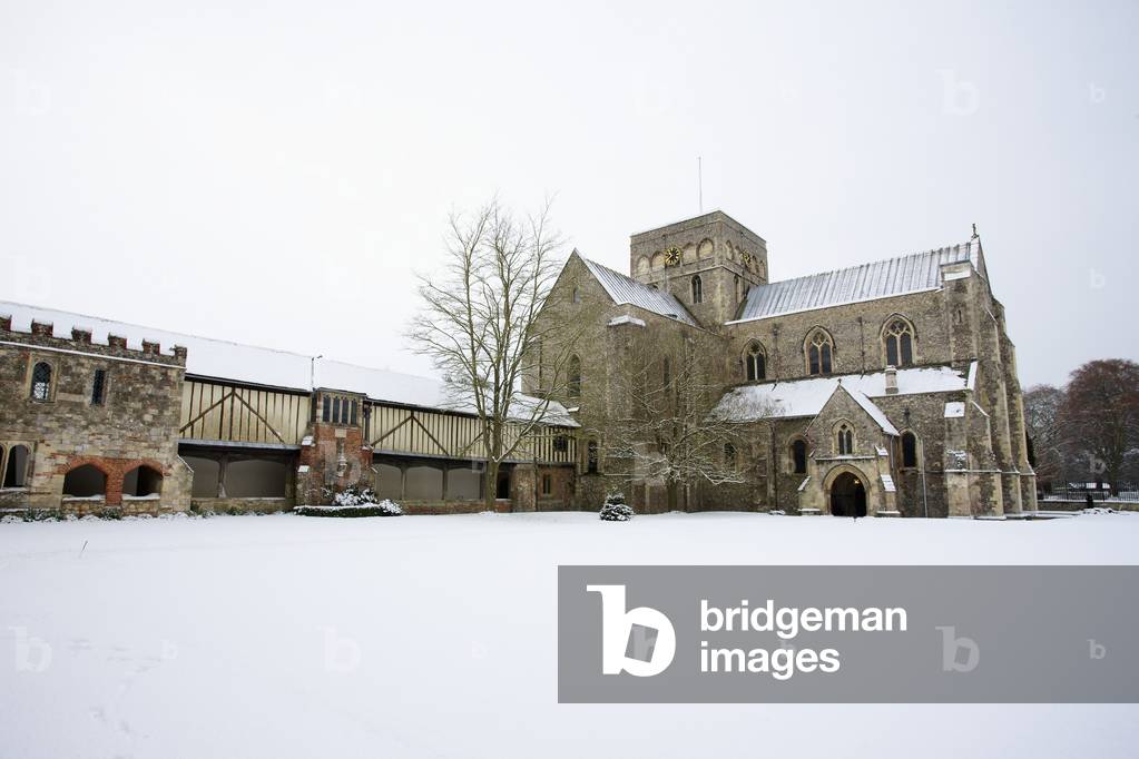 St. Cross Church in the snow, Winchester, Hampshire, England, UK  (photo)