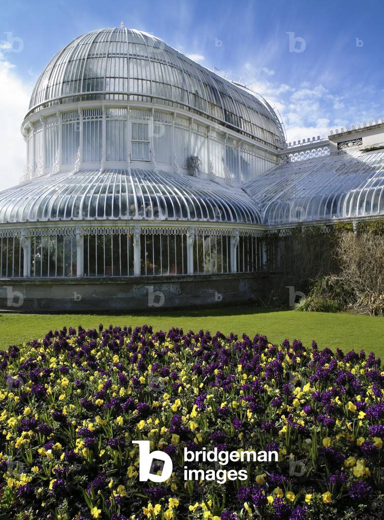 Flowers In A Garden In Front Of A Greenhouse, Palm House, Belfast Botanic Gardens, Belfast, Northern Ireland (photo)