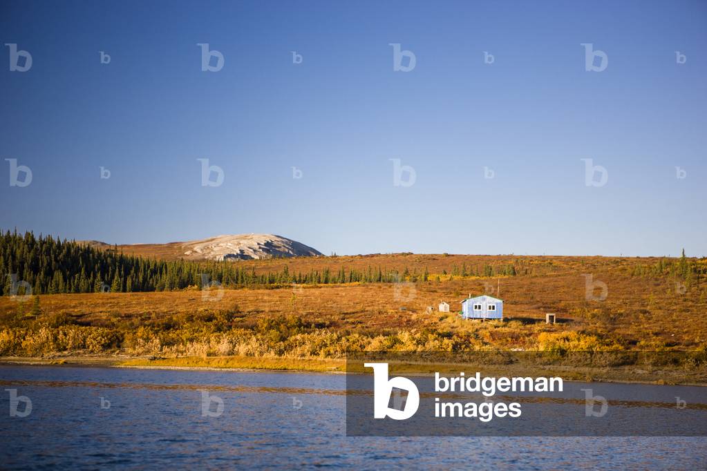 A Summer camp house on the banks of the Noatak River as it passes throuth the Igichuk Hills before emptying into Kotzebue Sound, Noatak, Arctic Alaska, USA, Fall (photo)
