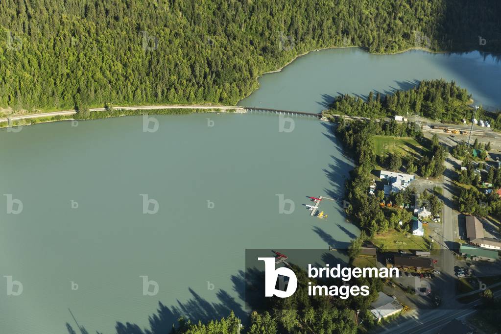 Aerial view of the Trail Lake Alaska Railroad Tressel and Float Plane Base, Moose Pass, Kenai Peninsula, Southcentral Alaska, USA (photo)