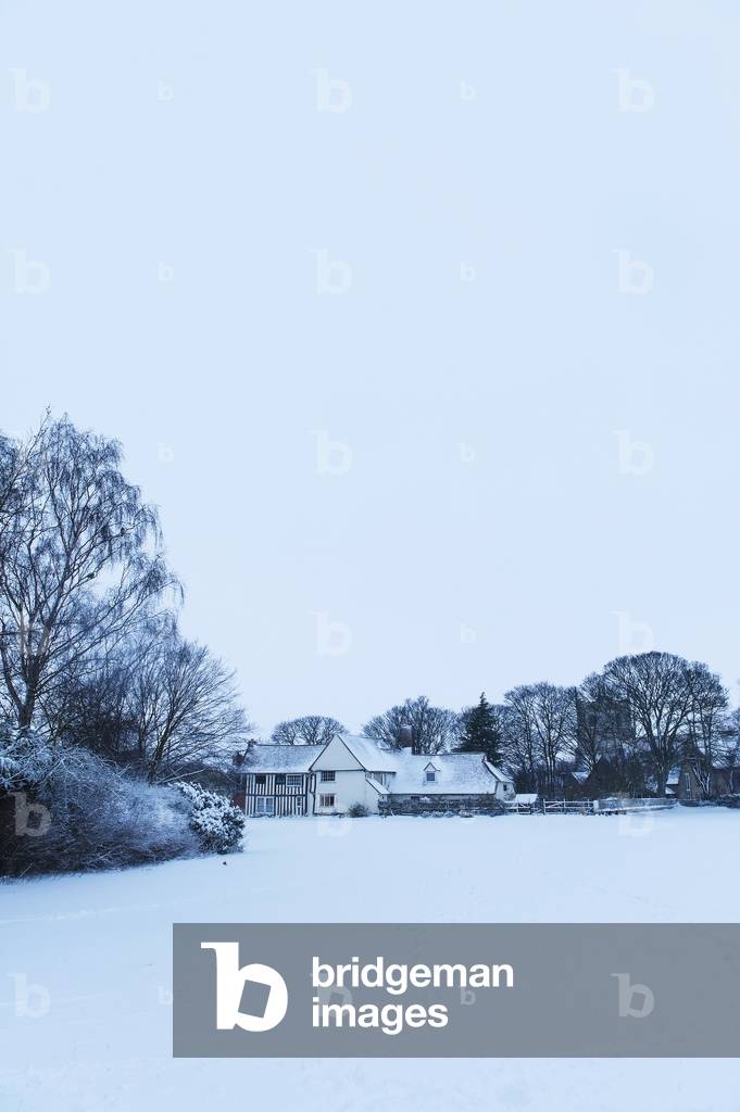 Medieval House and Snowy Field, Great Wilbraham, Cambridgeshire, England, UK  (photo)