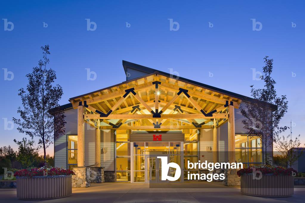 Twilight Photograph Of The Front Entrance For The Chena River Lakes District Flood Control Project Visitors Center, It Is The Northernmost Flood Control Project Operated By The Us Army Corps Of Engineers,Fall, Interior Alaska, Usa (photo)