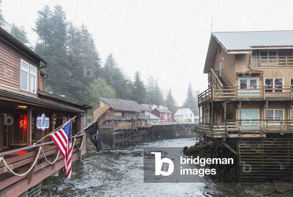 Tourist shops and homes along Creek Street in downtown Ketchikan, Southeast Alaska, USA, Spring (photo)