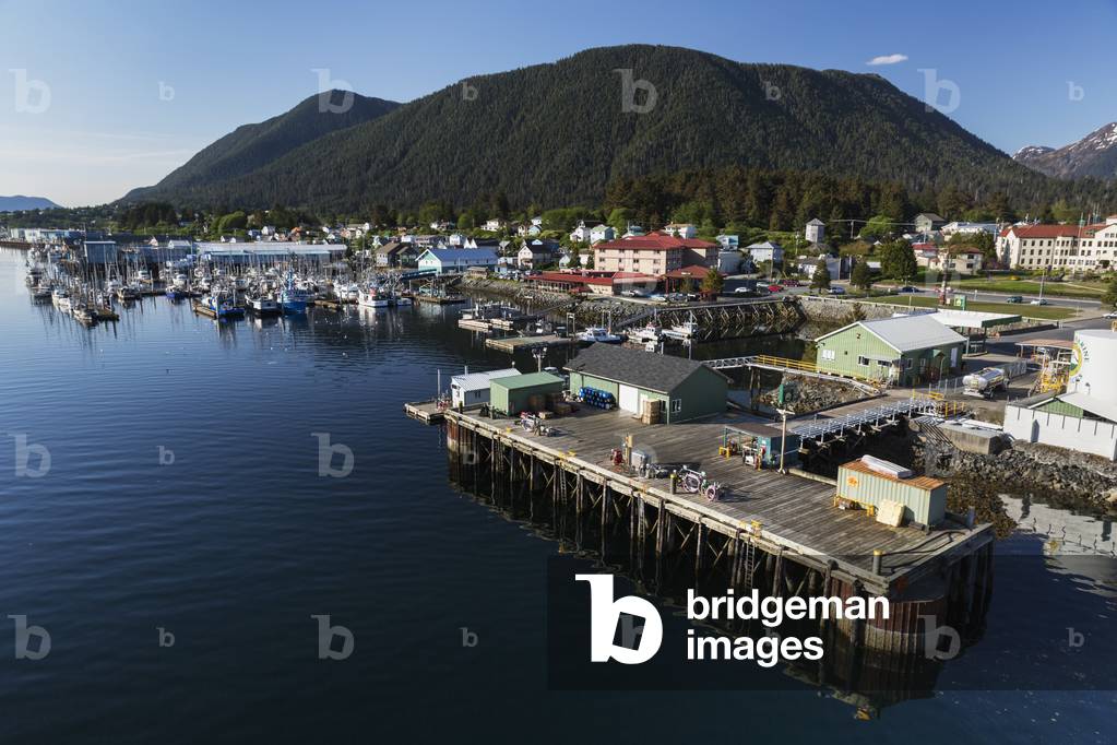 Aerial view of the pier at the Sitka Harbor with fishing Boats docked in the background, Sitka, Southeast Alaska, USA, Summer (photo)
