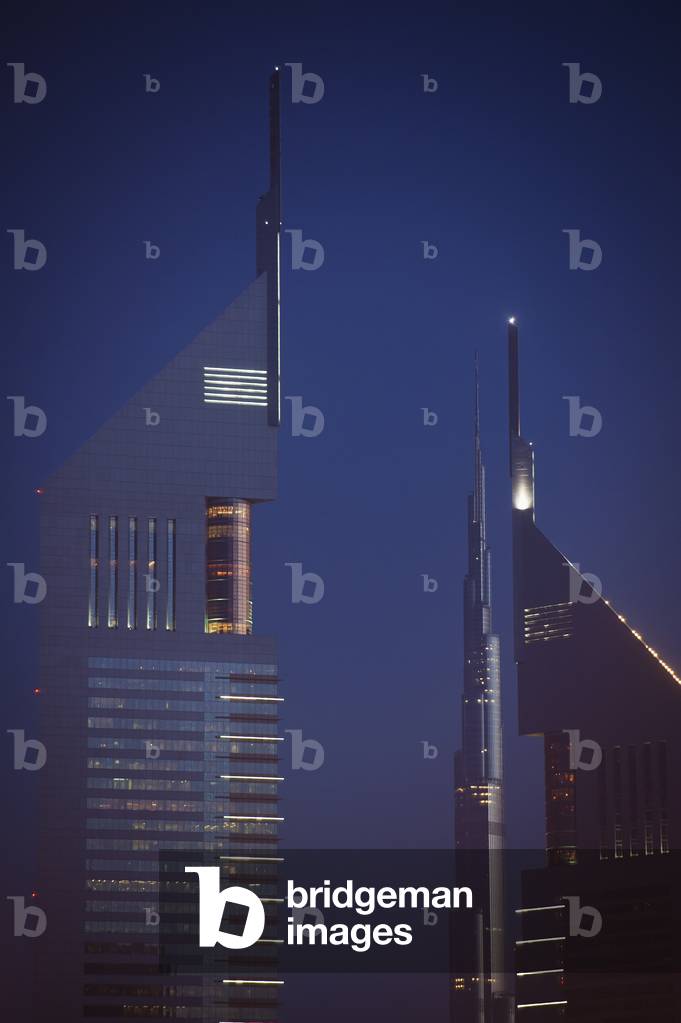 Skyscrapers at Dusk, Emirates Towers, Burj Khalif, Dubai, United Arab Emirates (photo)