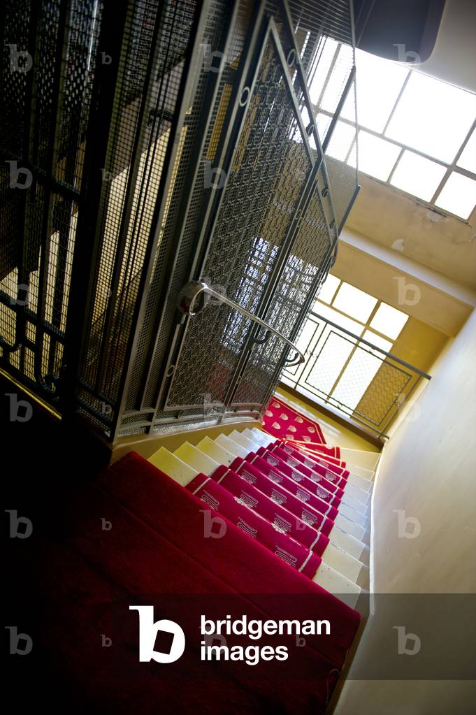 A stairway with red carpet and sunlight coming in the windows, Paris, France (photo)