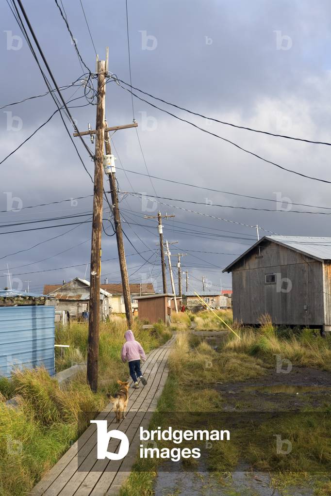 Young Native Child & His Dog Runs Along Boardwalk Between Houses In Akiachak Western Alaska Autumn (photo)