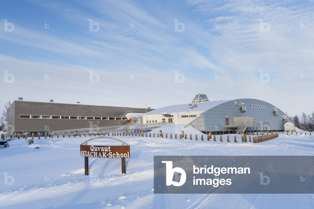 The K-12 public school in Akiachak serves as the community center for the village, winter, Southwest Alaska, USA (photo)