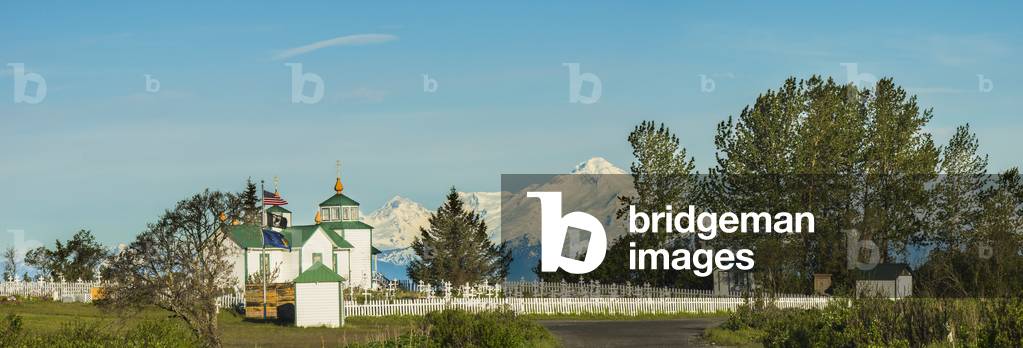 The Transfiguration of Our Lord Russian Orthodox Church in Ninlichik with Mt, Iliamna in the background, Kenai Peninsula, Southcentral Alaska, Summer (photo)