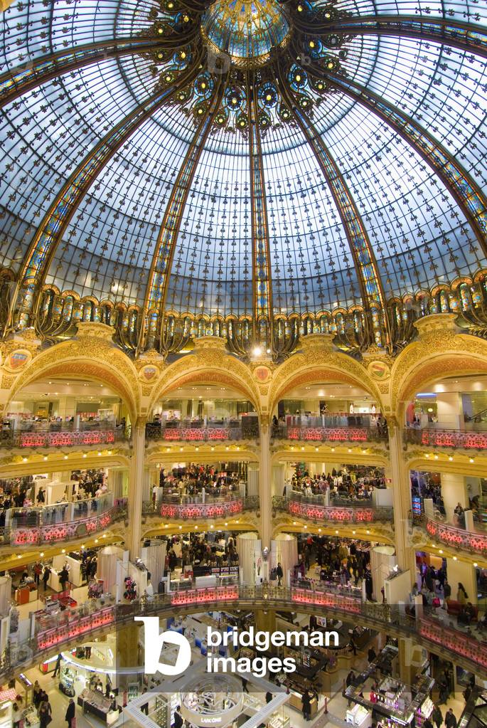 High View of The Domed Central Area of Galeries Lafayette, Looking Down on Shoppers, Paris, France (photo)