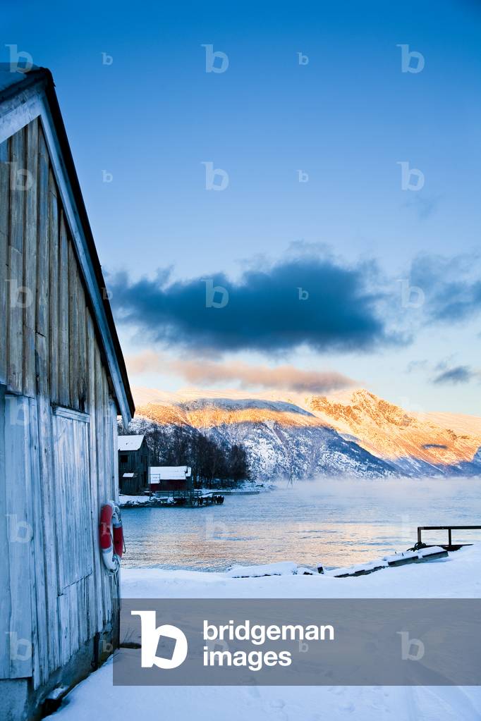 Boat house at ferry port in the Fjord, Ortnevik, Sognefjord, Norway (photo)