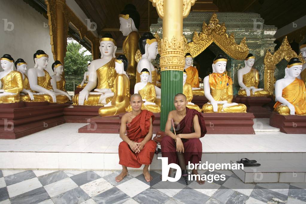 Two Monks Sitting Inside Shwedagon Pagoda, Portrait, Rangoon, Burma (photo)