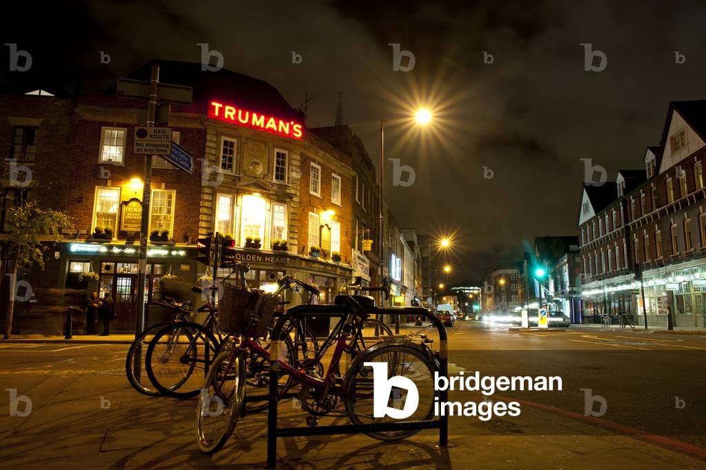 Bicycles Parked in Front of the Golden Heart Pub in Spitalfields, East London, London, UK  (photo)