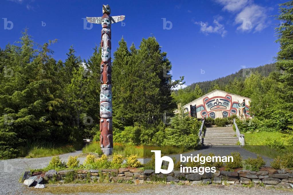 Totem Poles & Clan House at Saxman Village Near Ketchikan Alaska Southeast Summer Tongass National Forest (photo)