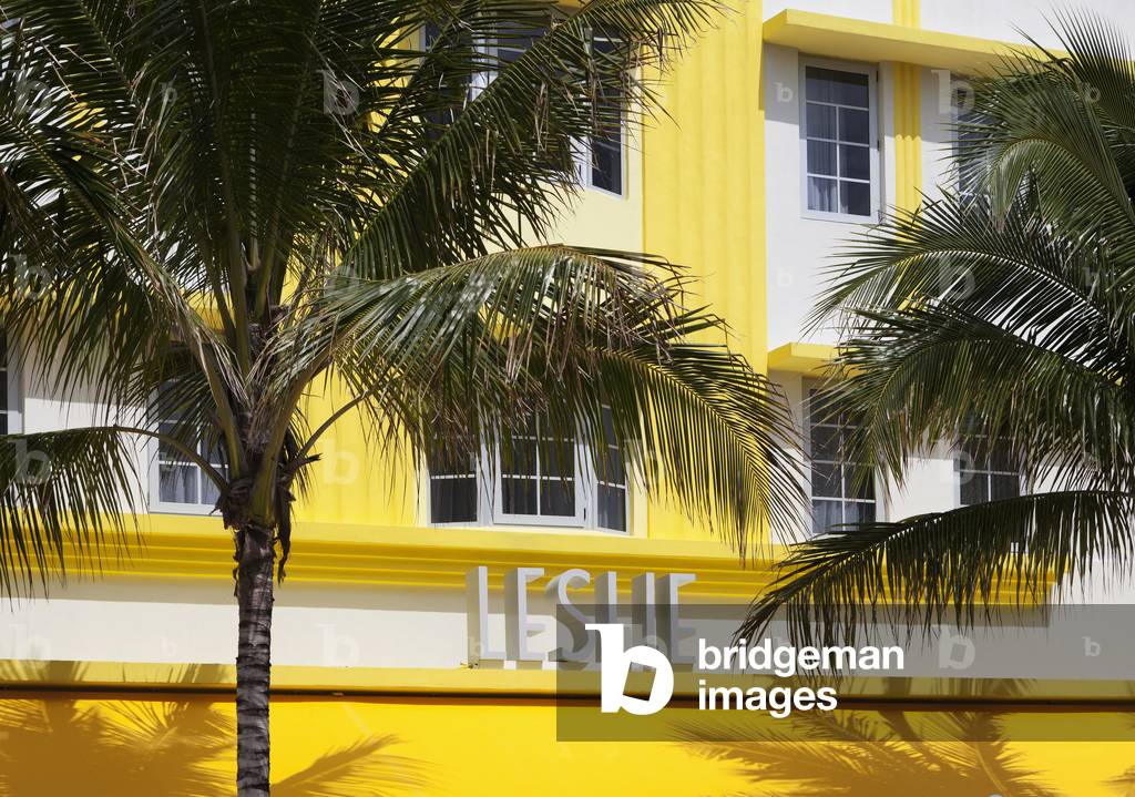 Bright yellow building with palm trees, South Beach, Miami, Florida, USA (photo)
