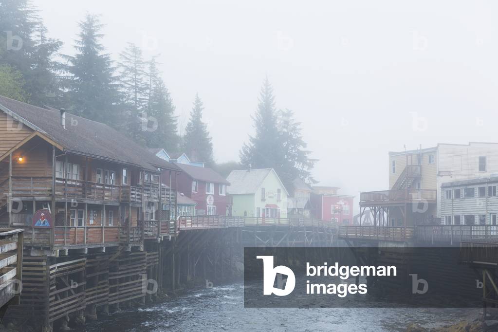 Tourist shops and homes along Creek Street in downtown Ketchikan, Southeast Alaska, USA, Spring (photo)