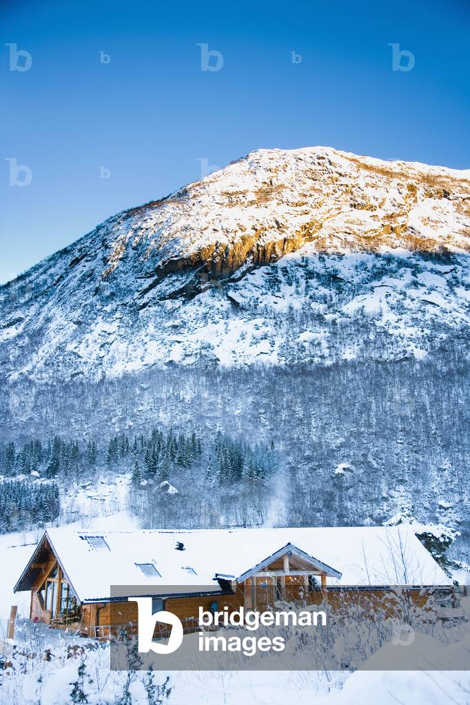 Norway, Sognefjord, winter wonderland, Ortnevik, Alpine Log cabin in snow, Pine forest Brekke Rental Cabins, snow, Mountains, Winter Alpine scenery (photo)