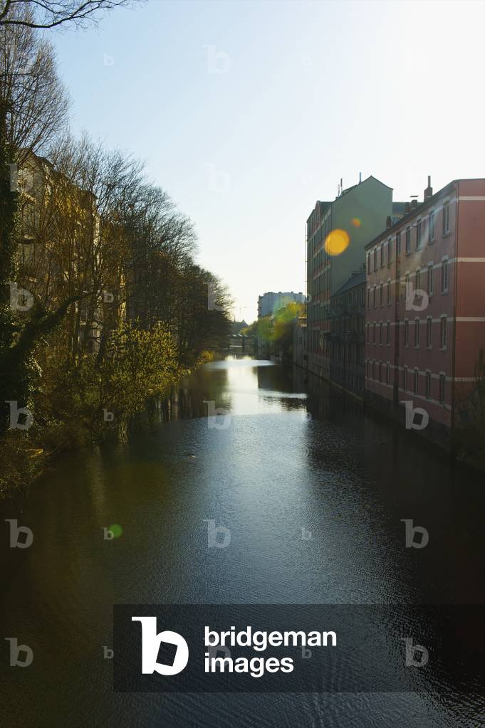 A river lined with trees on one side and buildings on the other, Hamburg, Germany (photo)