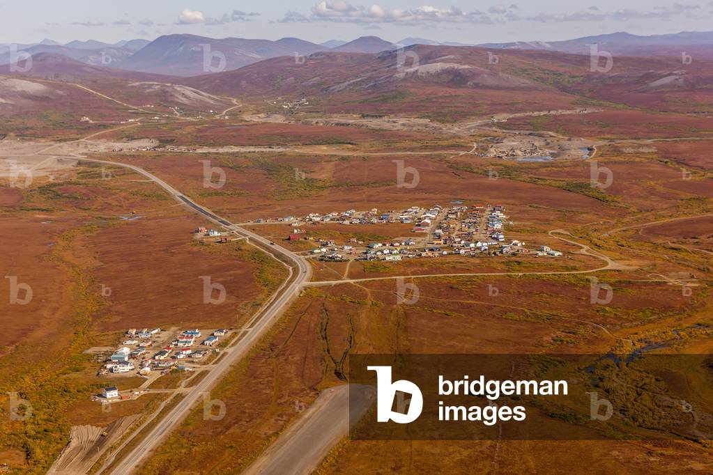 Aerial view of subdivisions in Nome and the colorful surrounding tundra, Arctic Alaska, USA, Autumn (photo)