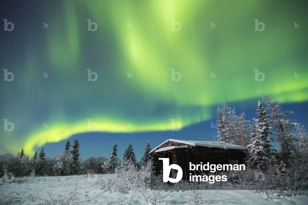 An abandoned cabin along the Richardson Highway sits quiet in the snow beneath the aurora on a cold winter night; Alaska, United States of America (photo)