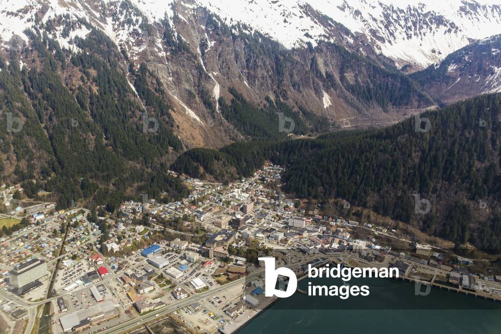 Aerial view of downtown Juneau with snowcapped peaks in the background, Juneau, Southeast Alaska, USA, Spring (photo)