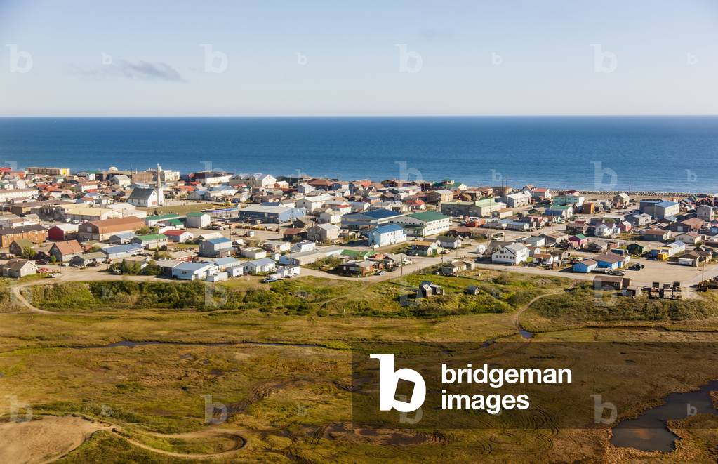 Aerial view of Nome with the Norton sound visible in the background, Arctic Alaska, Summer (photo)
